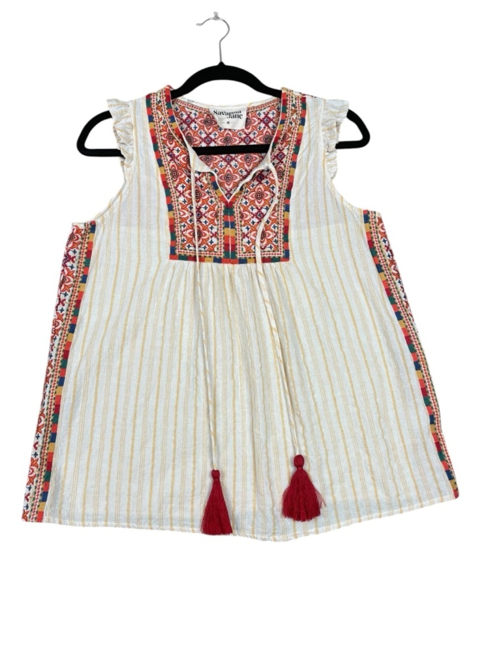 Savanna Jane Boho Embroidered Flutter Sleeve Striped Tassel Tie Peasant Top - M